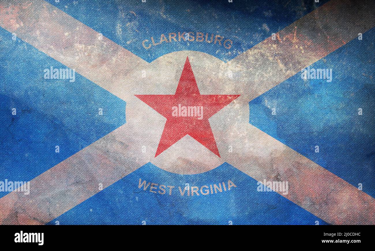 Draufsicht auf die Retro-Flagge von Clarksburg, West Virginia, ungebundene Staaten von Amerika mit Grunge-Struktur. USA Patriot und Reisekonzept. Kein Fahnenmast. Ebene Stockfoto