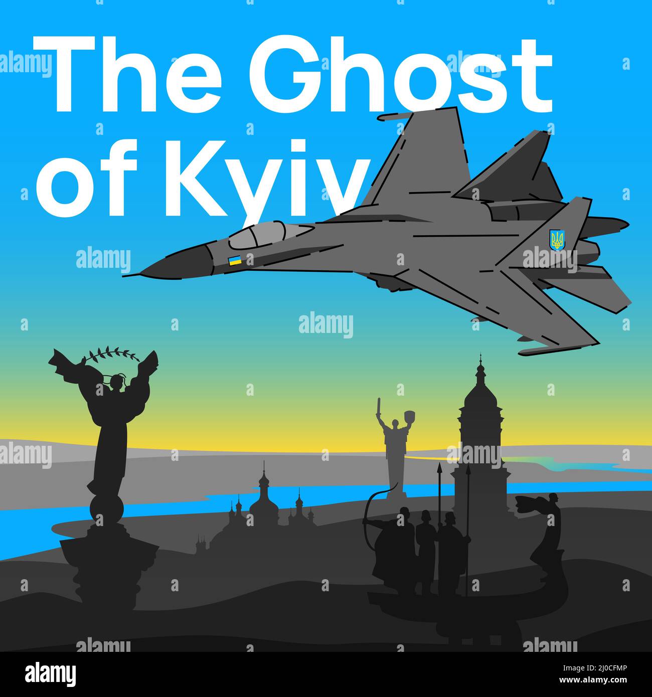„Ghost of Kyiv“-Banner. Ukrainischer Himmel Legende des russisch-ukrainischen Krieges. Vektorgrafik Stock Vektor