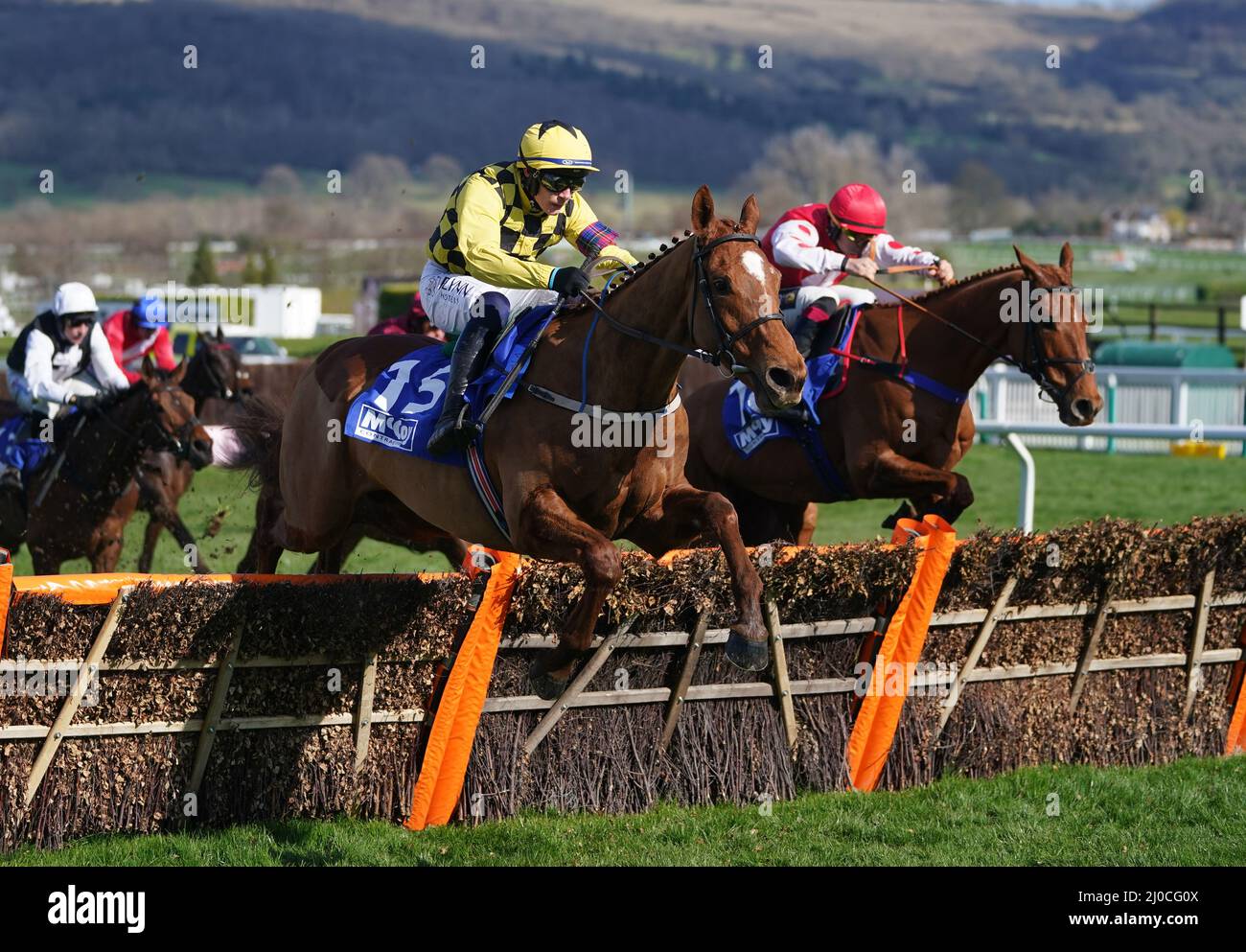 State man, der von Paul Townend auf dem Weg zum Gewinn der Handicap-Hürde von McCoy Contractors County am vierten Tag des Cheltenham Festivals auf der Cheltenham Racecourse gefahren wurde. Bilddatum: Freitag, 18. März 2022. Stockfoto