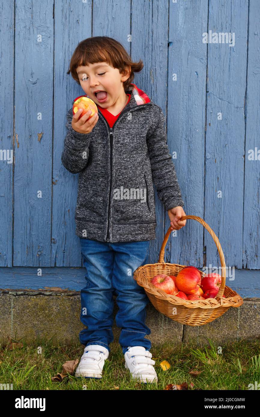 Kinder Apfelfrüchte essen den ganzen Körper außerhalb des Herbstes gesunde Ernährung Stockfoto