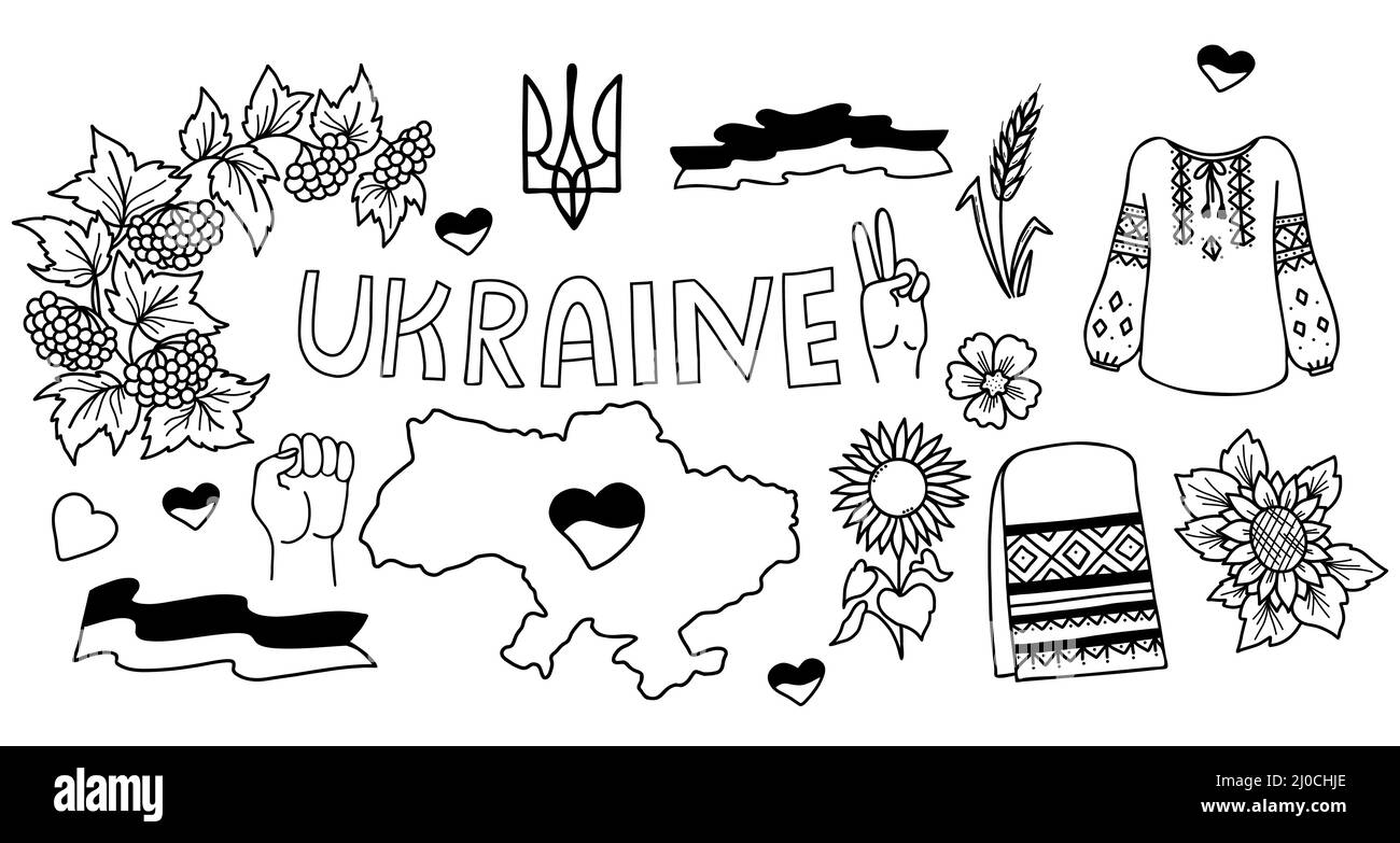 Set Ukrainisches Symbol. viburnum und Flagge, Sonnenblume und Stachelett, Hemd und besticktes Handtuch, Herz und Karte. Vektorgrafik. Handgezeichneter Doodle Stock Vektor