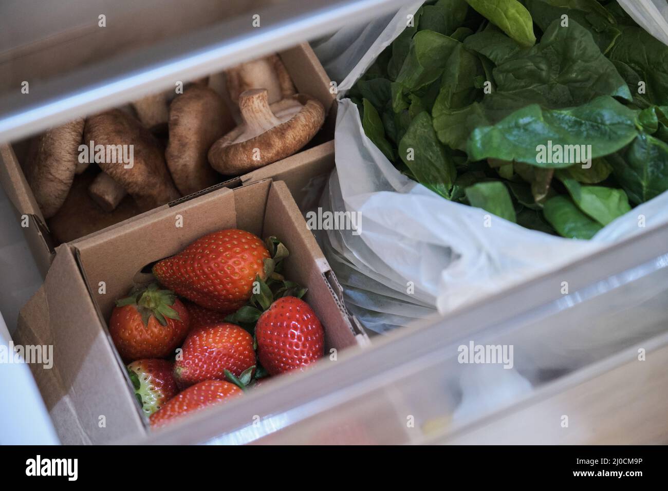 Frisches Gemüse in der Schublade des geöffneten Kühlschranks. Stockfoto