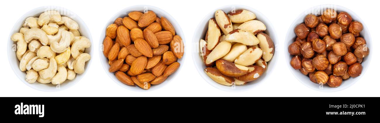 Nusskerne Sammlung in einer Reihe von oben isoliert ausgenommen Stockfoto