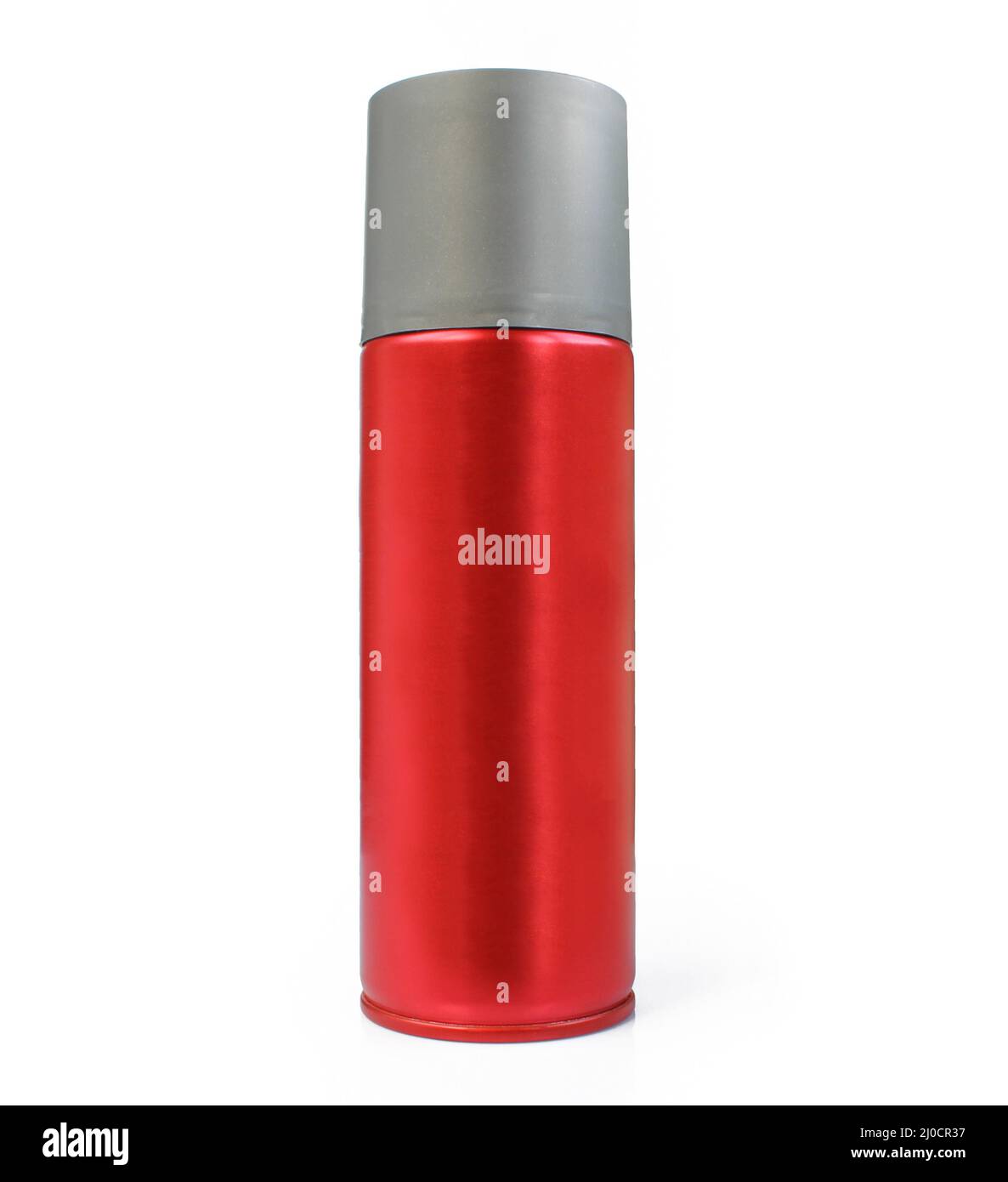 Leere rote Spraydose mit grauer Oberseite isoliert auf weißem Hintergrund Stockfoto