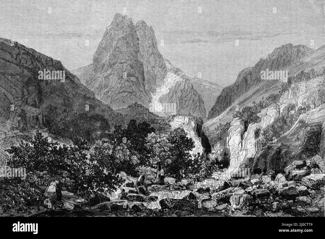 Mont Pelvoux (3946m) oder Mount Pelvoux im Massif des Ecrins, Nationalpark Ecrins, Hautes-Alpes, Französische Alpen Frankreich. Vintage Illustration oder Gravur 1860. Stockfoto