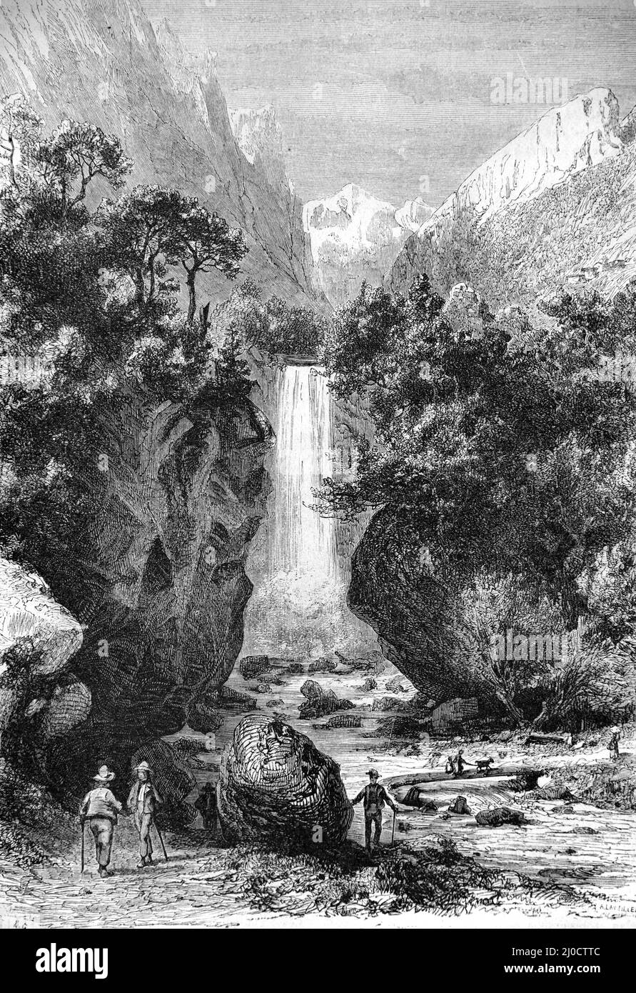 Wasserfall Chute de la Druise, Schlucht Omblèze, am Fluss Gervanne im Regionalen Naturpark Massif du Vercors Drôme Frankreich. Vintage Illustration oder Gravur 1860. Stockfoto