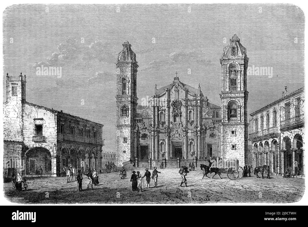 Die barocke Kathedrale von Havanna (1748-1777), die Kathedrale von San Cristobal, auf dem Plaza de la Catedral, Altstadt von Havanna, Kuba. Vintage Illustration oder Gravur 1860. Stockfoto