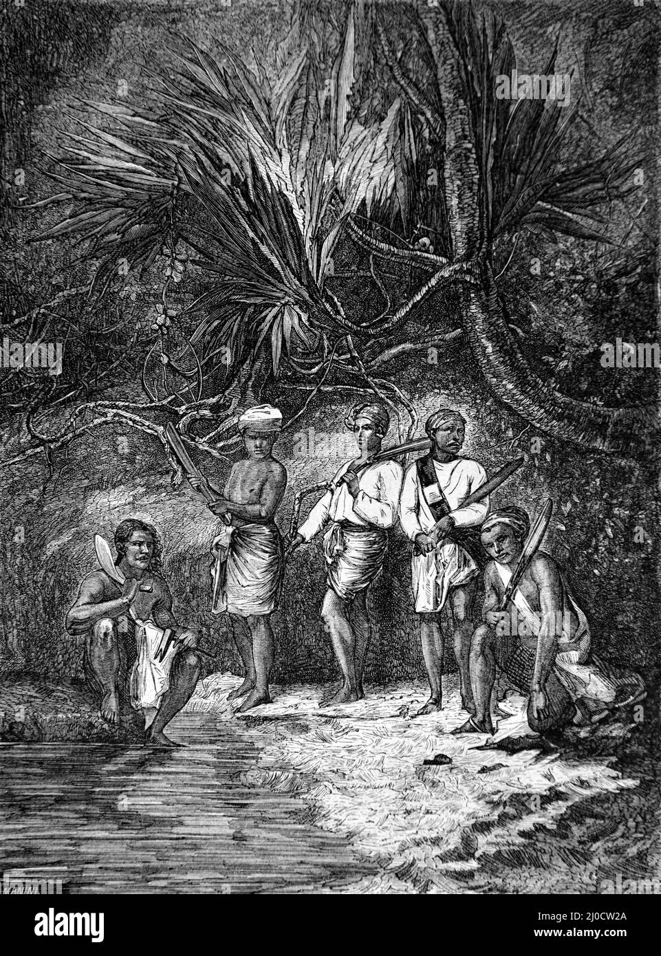 Bewaffnete birmanische Aufständische in Wald in Konflikt mit der Zentralregierung Myanmar. Vintage Illustration oder Gravur 1860. Stockfoto