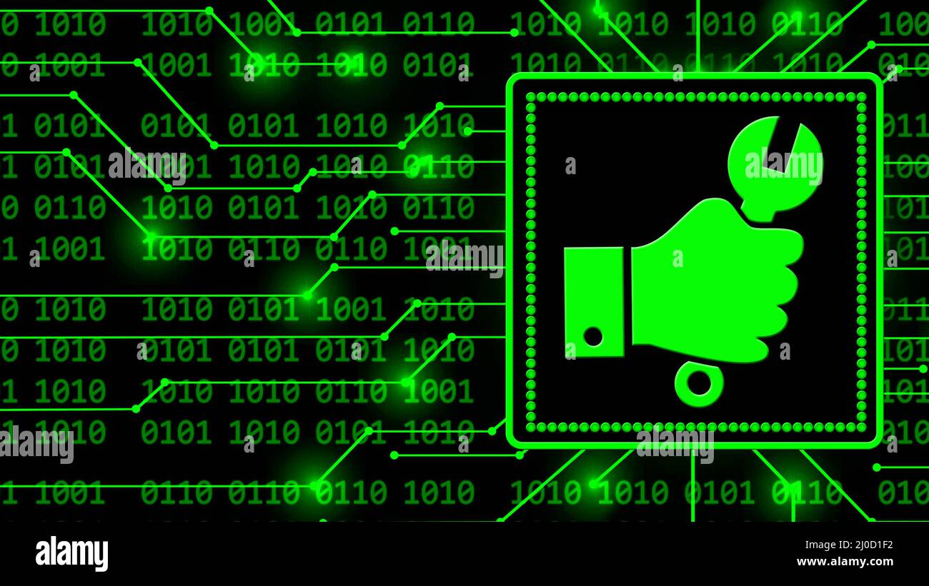 Hand mit Schraubenschlüssel im Rahmen - abstrakter Hintergrund des 4-stelligen Binärcodes hinter Informationsverbindungslinien - symbolisch für Wartungsarbeiten Stockfoto