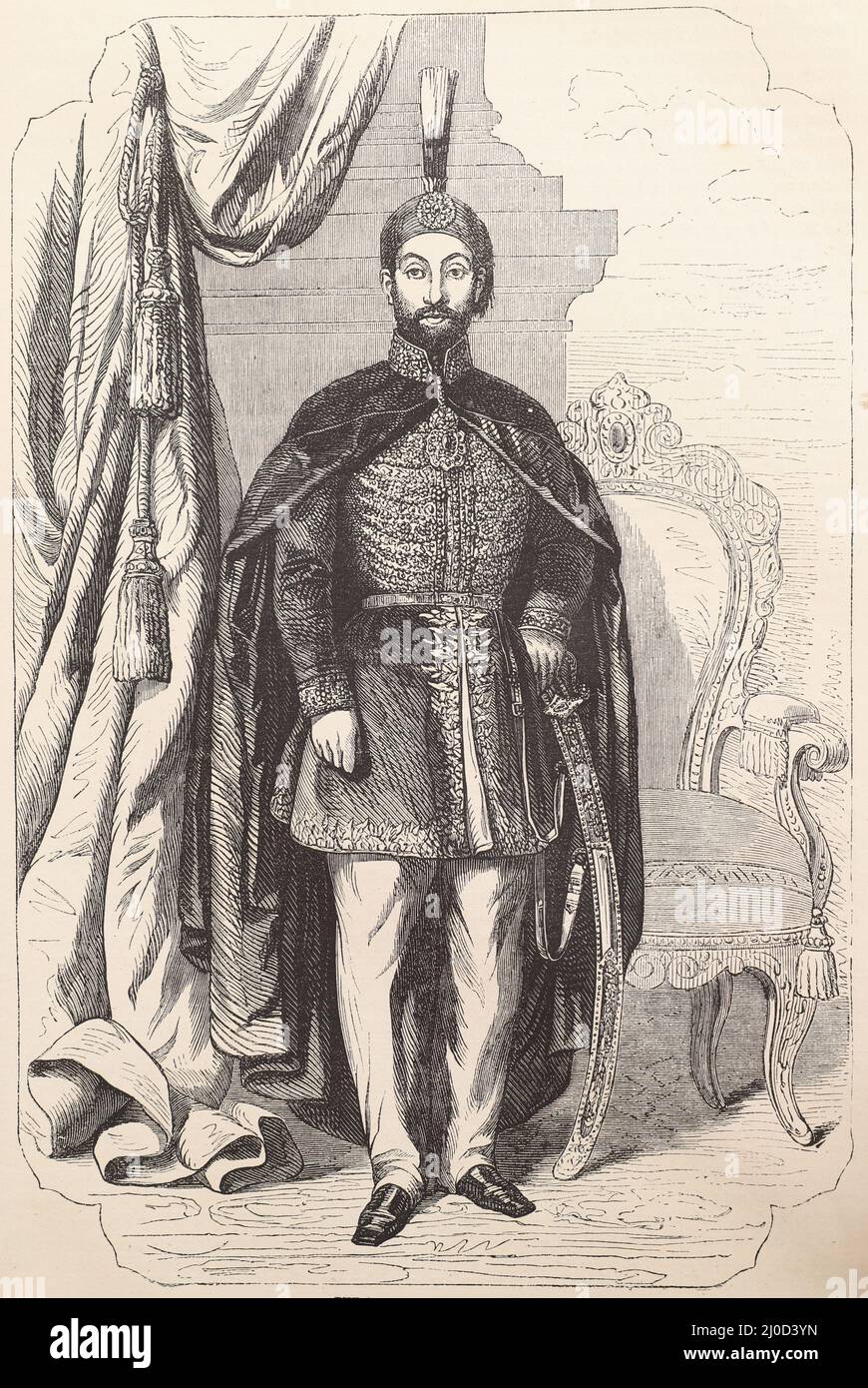 Porträt von Sultan Abdulmejid I., Herrscher des Osmanischen Reiches, 1839 bis 1861, Schwarz-Weiß-Illustration Stockfoto
