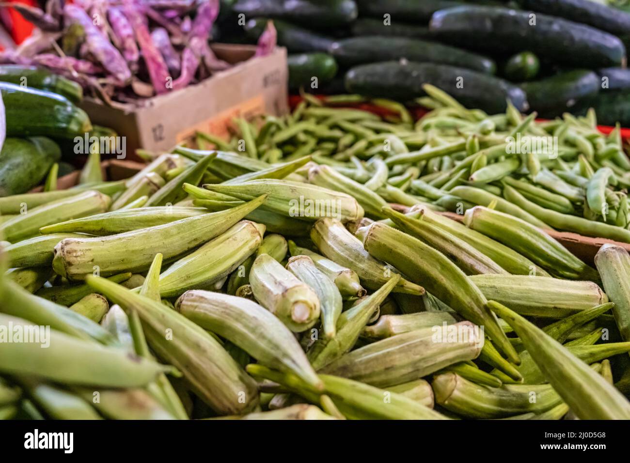 Frische Okra und andere landwirtschaftliche Produkte in Georgien auf dem Jaemor Farm Market in Alto, Georgia. (USA) Stockfoto