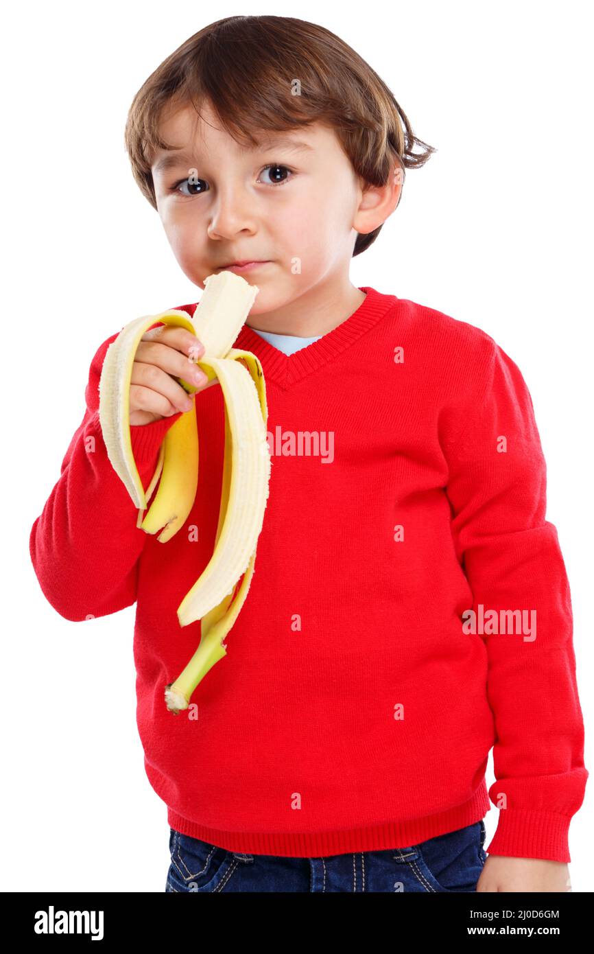 Kind Banane Obst essen gesunde Ernährung Porträt isoliert Ausschnitt ausgenommen Stockfoto