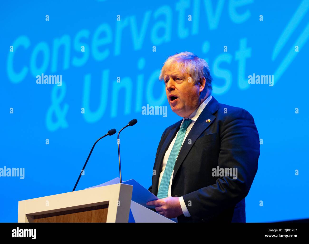Aberdeen, Schottland, Großbritannien. 18.. März 2022. Premierminister Boris Johnson Keynote-Rede auf der Konferenz der konservativen Partei Schottlands 2022 auf der P&J-Konferenz in Aberdeen, Schottland. Iain Masterton/Alamy Live News Stockfoto