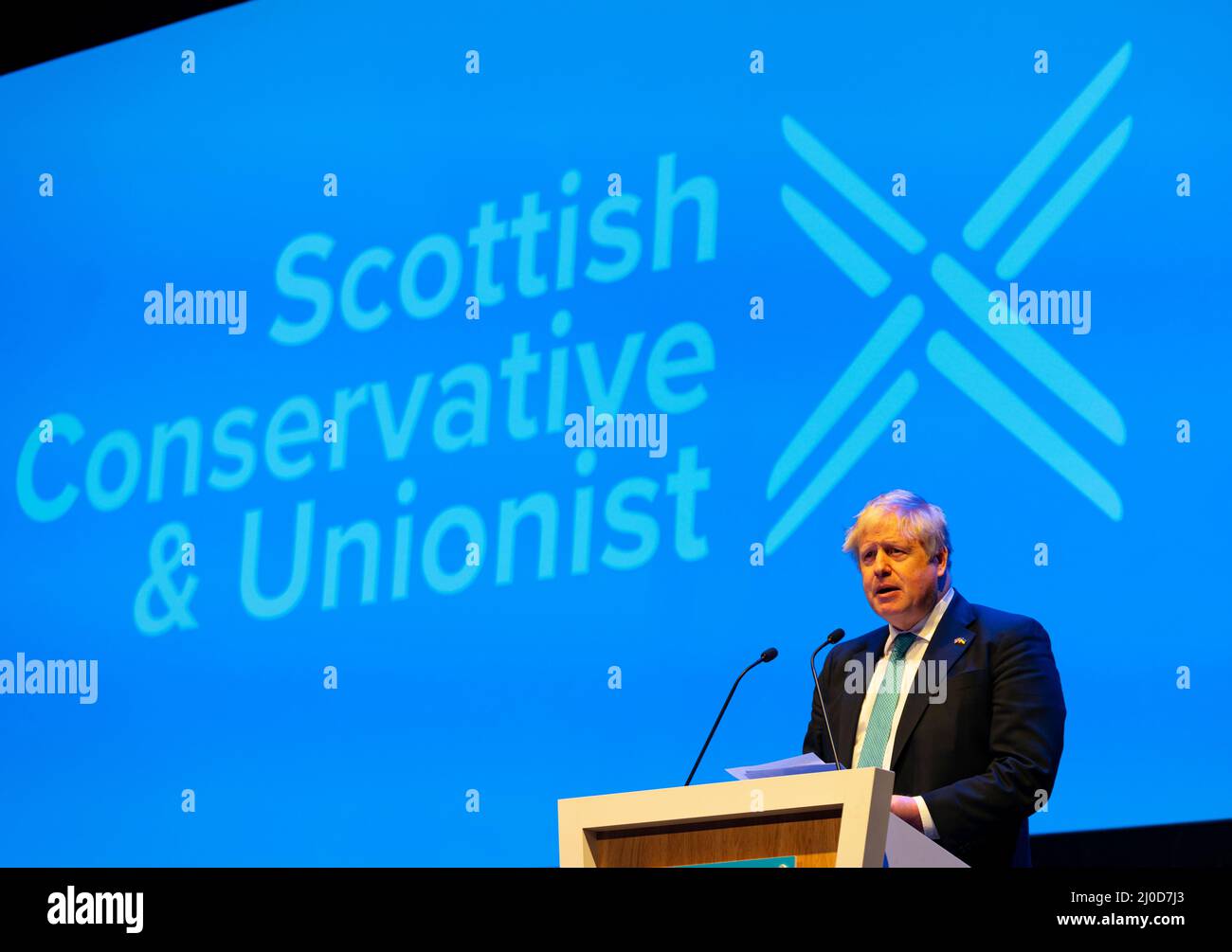 Aberdeen, Schottland, Großbritannien. 18.. März 2022. Premierminister Boris Johnson Keynote-Rede auf der Konferenz der konservativen Partei Schottlands 2022 auf der P&J-Konferenz in Aberdeen, Schottland. Iain Masterton/Alamy Live News Stockfoto