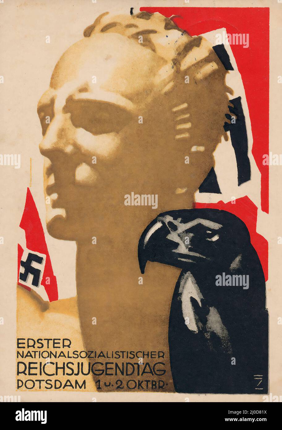 Nazi-Propaganda, Ludwig HOHLWEIN - Bildpostkarte mit Propagandabild eines blonden Hitler-Jugend-Mitglieds (HJ). Reichsadler, Deutscher Kaiseradler. Stockfoto