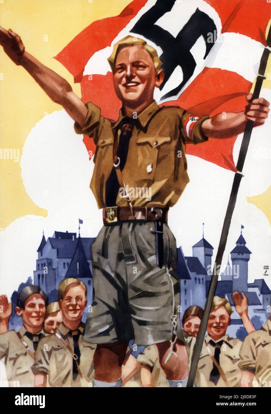 Nazi-Propaganda - Frontcover eines dekorativen Telegrammfolders in Farbe aus der Deutschen Reichspost 1936 des deutschen Plakatkünstlers Ludwig HOHLWEIN. Stockfoto