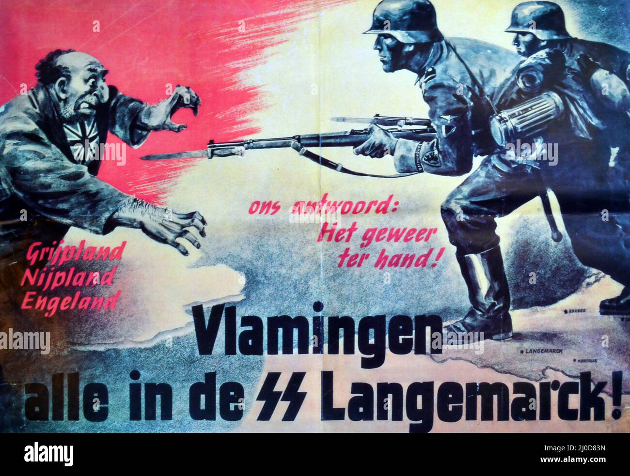 Deutsche Nazi-Propaganda - Rekrutierungsplakat der SS-Freiwilligendivision Langemarck 27. mit dem Titel: Flämisch alles in der SS Langemarck Stockfoto