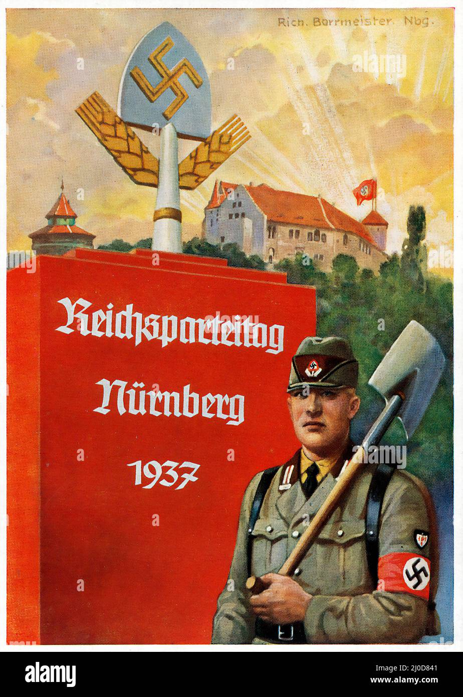 Deutsche Nazi-Propaganda. Reichsparteitag Nürnberg Ansichtskarte / Postkarte 1937 - die Postkarte wurde von Richard Borrmeister entworfen. Stockfoto
