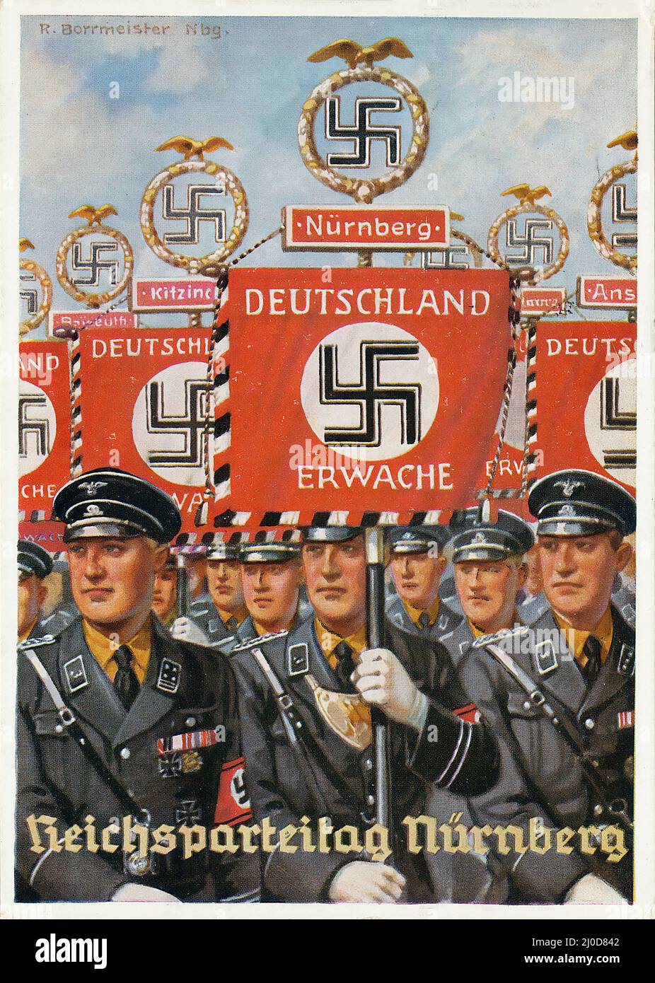 Deutsche Nazi-Propaganda. Reichsparteitag Nürnberg Ansichtskarte / Postkarte 1937 - Werk von Richard Borrmeister. Stockfoto