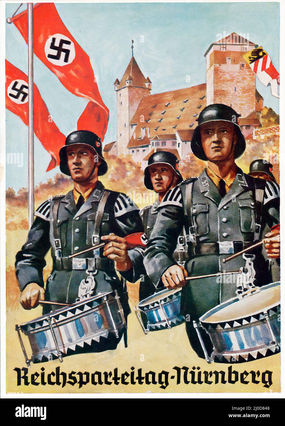 Deutsche Nazi-Propaganda - Reichsparteitag Nürnberg. Postkarte mit einem Gemälde von uniformierten SS-Musikern (marschierende Trommler) 1936 Stockfoto