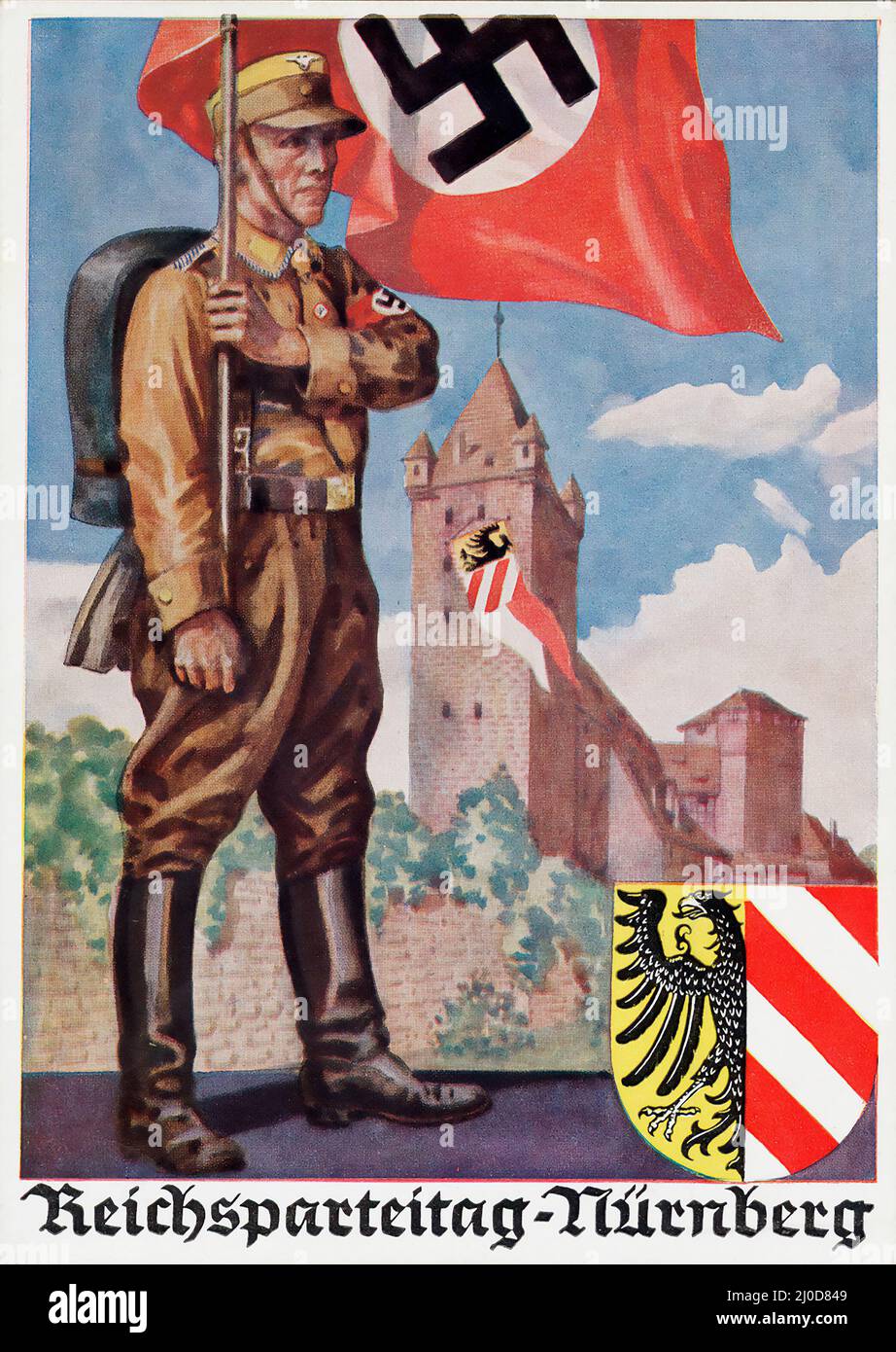 Deutsche Nazi-Propaganda - Reichsparteitag Nürnberg. Postkarte - Kunstwerk von Richard Borrmeister. 1936. Stockfoto