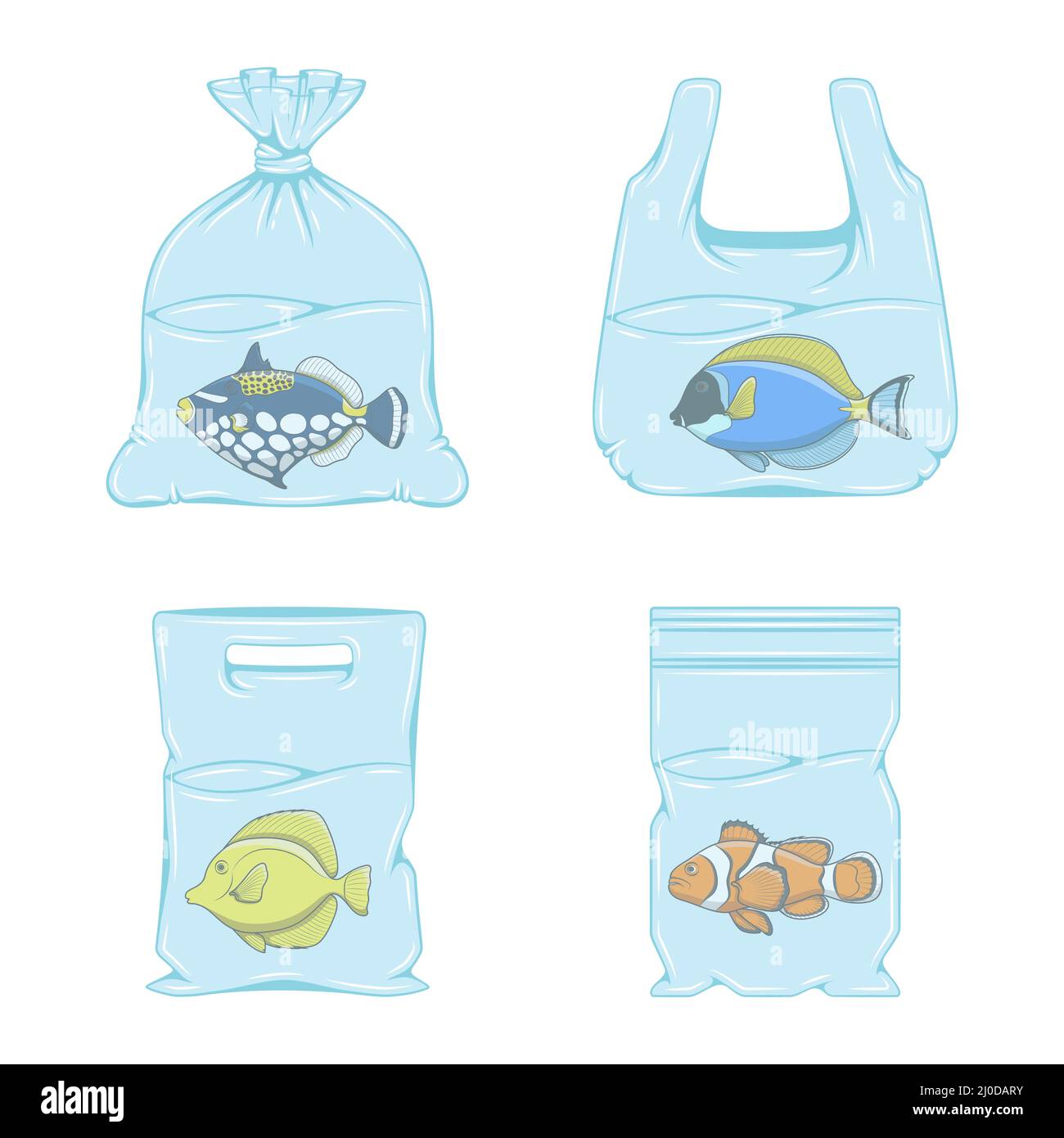 Set mit Illustrationen mit Fisch in Plastiktüten. Isolierte Vektorobjekte auf weißem Hintergrund. Stock Vektor