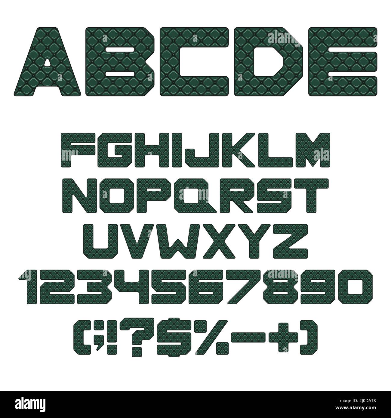Alphabet, Buchstaben, Zahlen und Zeichen mit grüner Lederpolsterstruktur. Färben Sie isolierte Vektorobjekte auf weißem Hintergrund. Stock Vektor