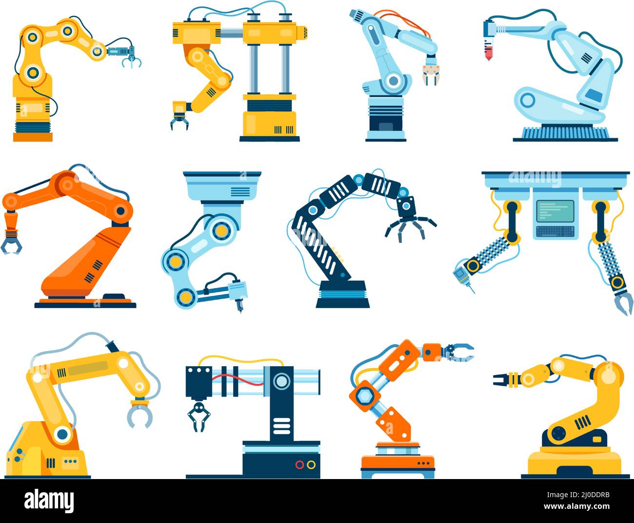 Industrielle Roboter Arm Manipulatoren, industrielle Roboter Handmaschinen. Fabrik automatisierte Arme Roboter, Fließband Maschinen Vektor-Set. Innovative Anlagen für die Produktion oder Fertigung Stock Vektor
