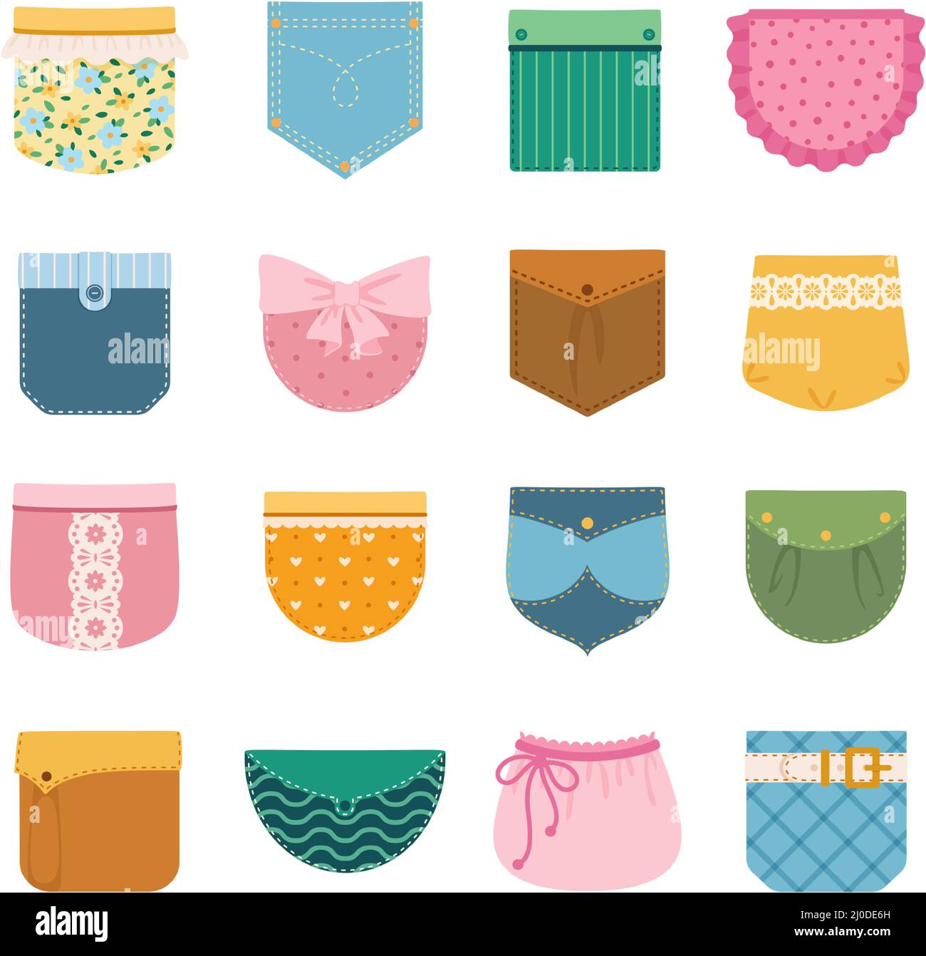 Aufgesetzte Taschen für Kleidung, Jeans-Stofftasche für Hosen, Hemd. Bunte Aufnäher mit Stichen und Knöpfen, Kleidung Dekor-Element-Vektor-Set. Weibliches und männliches Design isoliert auf Weiß Stock Vektor