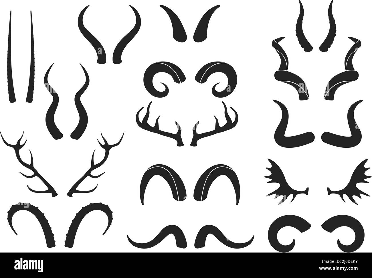 Tierhörner Silhouetten, Antilope, Widder, Ziege, Büffelhorn. Hirschgeweih, Jagdtrophäe, Wildtierhorn und Geweih Silhouette Vektor-Set. Gekräuselte große und kleine Hörner in verschiedenen Formen Stock Vektor