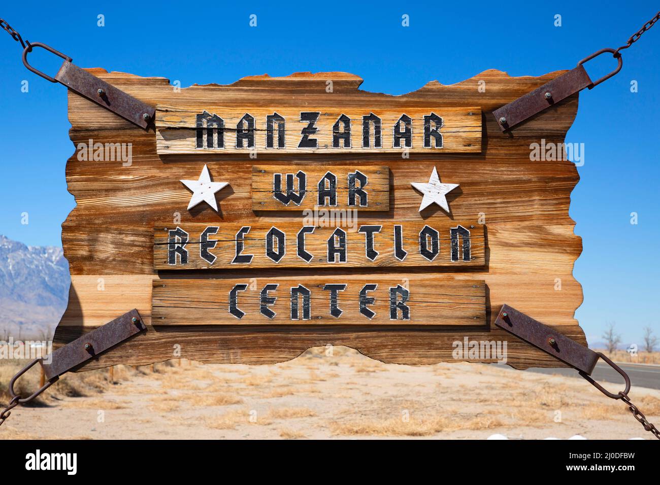 Eingangsschild, Manzanar National Historic Site, Eastern Sierra Scenic Byway, Kalifornien Stockfoto