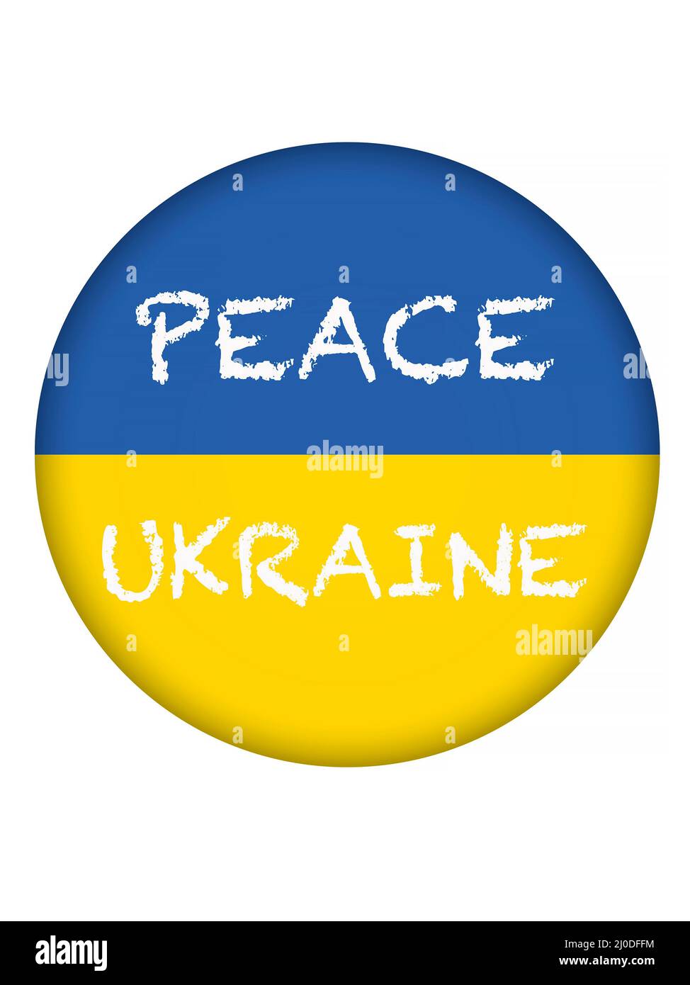 Nachricht Frieden Ukraine auf runder Knopf mit ukrainischer Flagge auf weiß isoliert Stockfoto