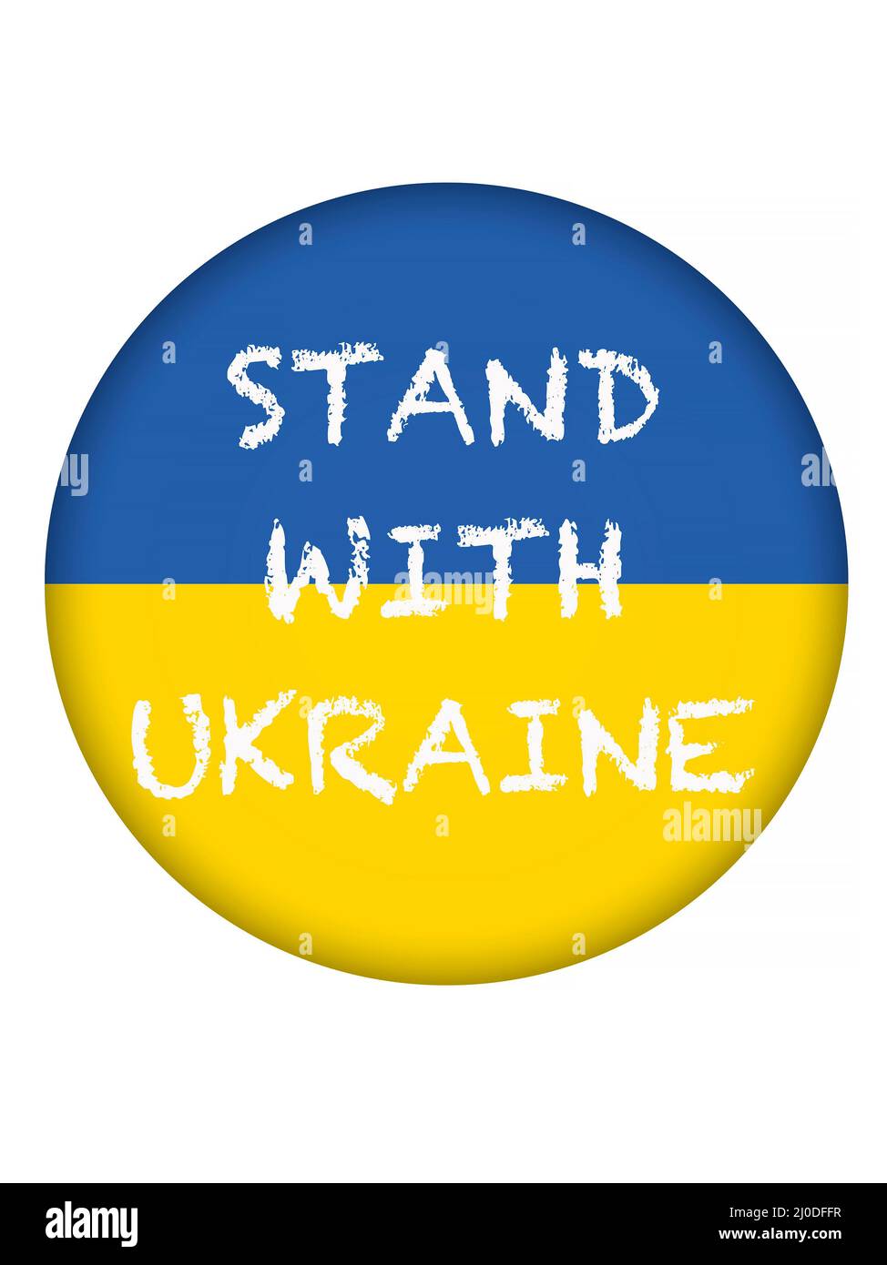 Slogan Stand mit Ukraine auf runder Knopf mit ukrainischer Flagge isoliert auf weiß Stockfoto