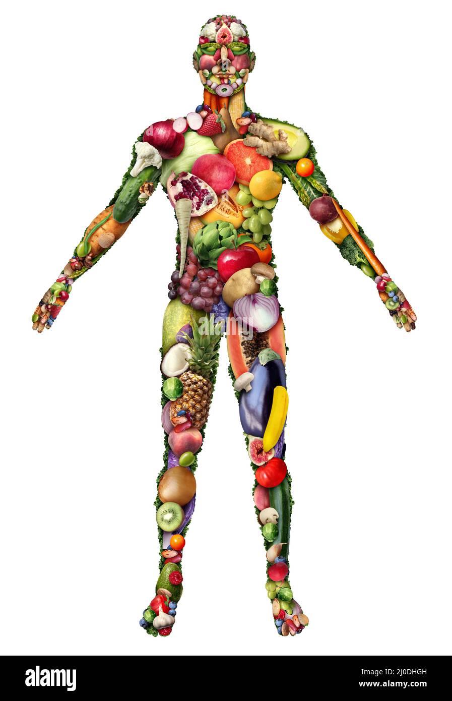 Menschlicher Körper aus Obst und Gemüse und essen gesund oder vegan und Veganismus oder natürliche Ernährung Lebensstil als eine Gruppe von frischen reifen Früchten und Nüssen. Stockfoto