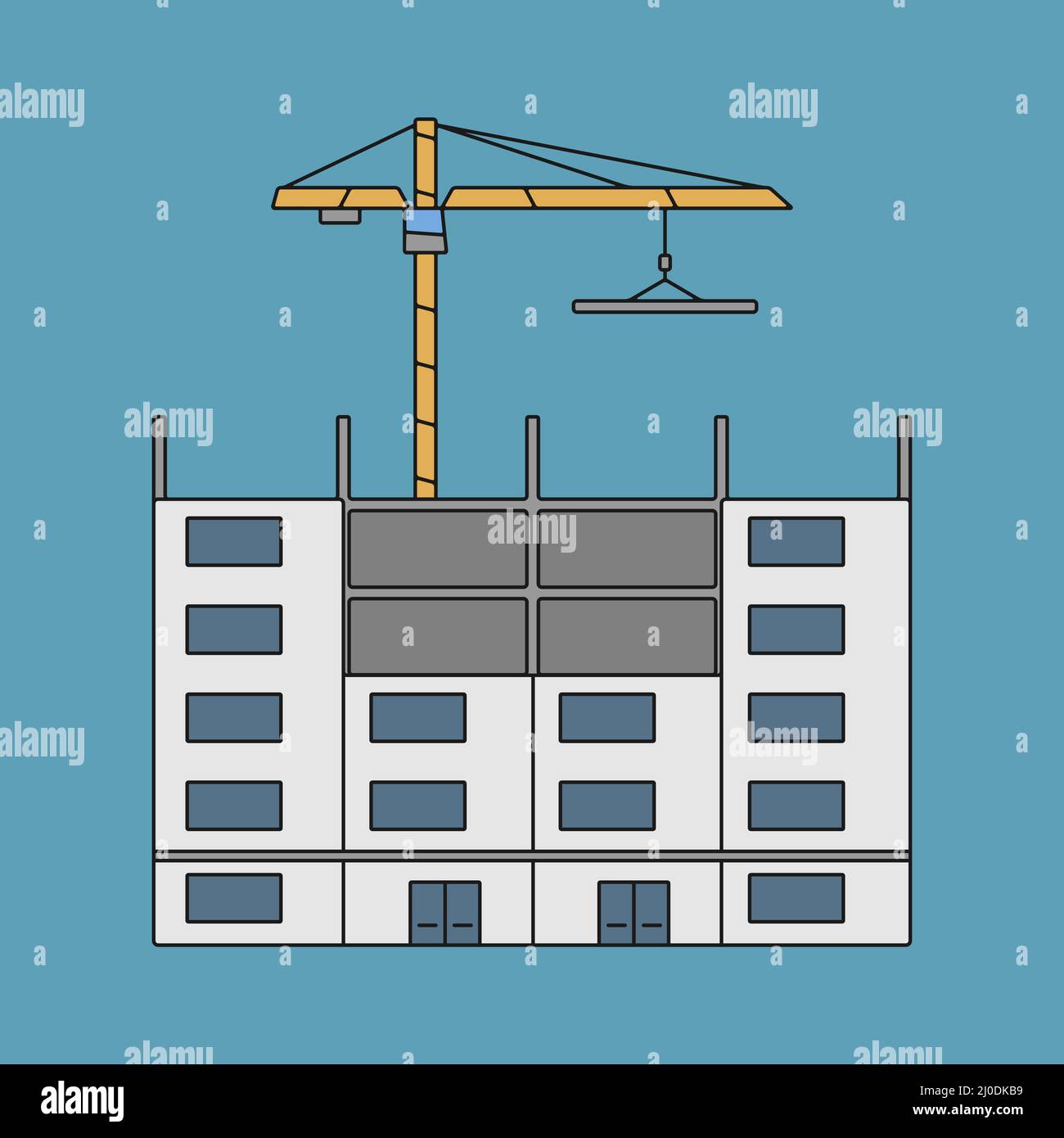 Abbildung des im Bau befindlichen Gebäudes mit einem Baukran hinter dem Gebäude Stock Vektor