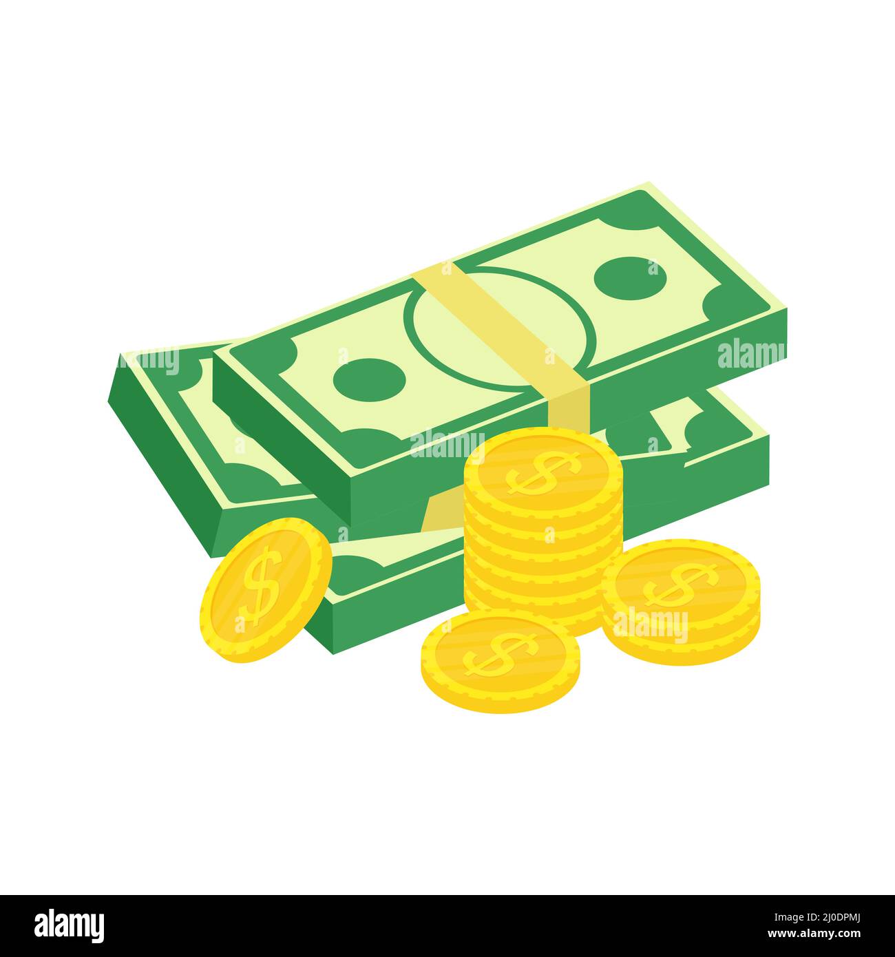 Isometrische Dollar-Pakete und goldene Stapel Münzen gesetzt. Konzept Wirtschaft, Finanzen, Geld. Stock Vektor