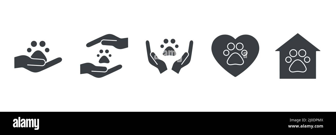 Tatzen-Aufdruck und People Hands Icon-Kollektion. Schild für die Tierklinik. Konzept der Tierrechte. Charity und freiwillige schwarze Silhouette Symbole gesetzt Stock Vektor