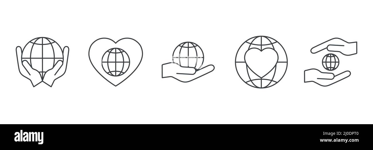 Globe Icon und Human Hands Set. Wohltätige und freiwillige Konzept. Globale Schutz- und Support-Symbol-Sammlung Stock Vektor