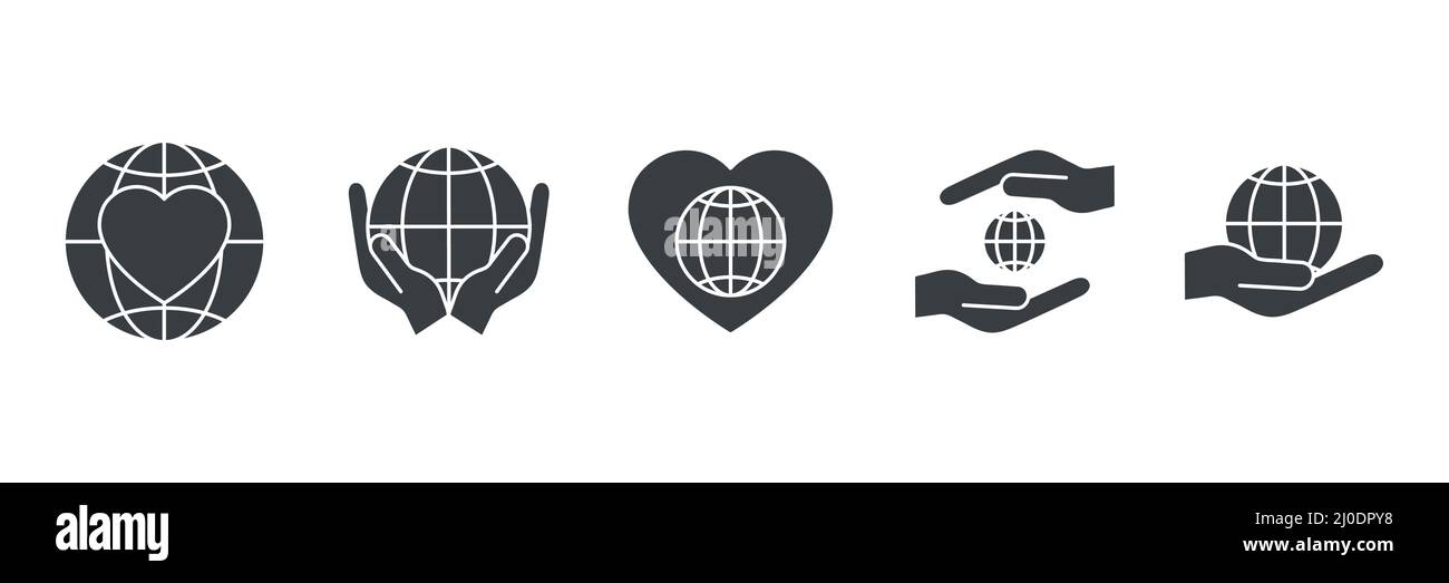 Globe Icon und Human Hands Set. Wohltätige und freiwillige Konzept. Globale Schutz- und Support-Symbol-Sammlung Stock Vektor