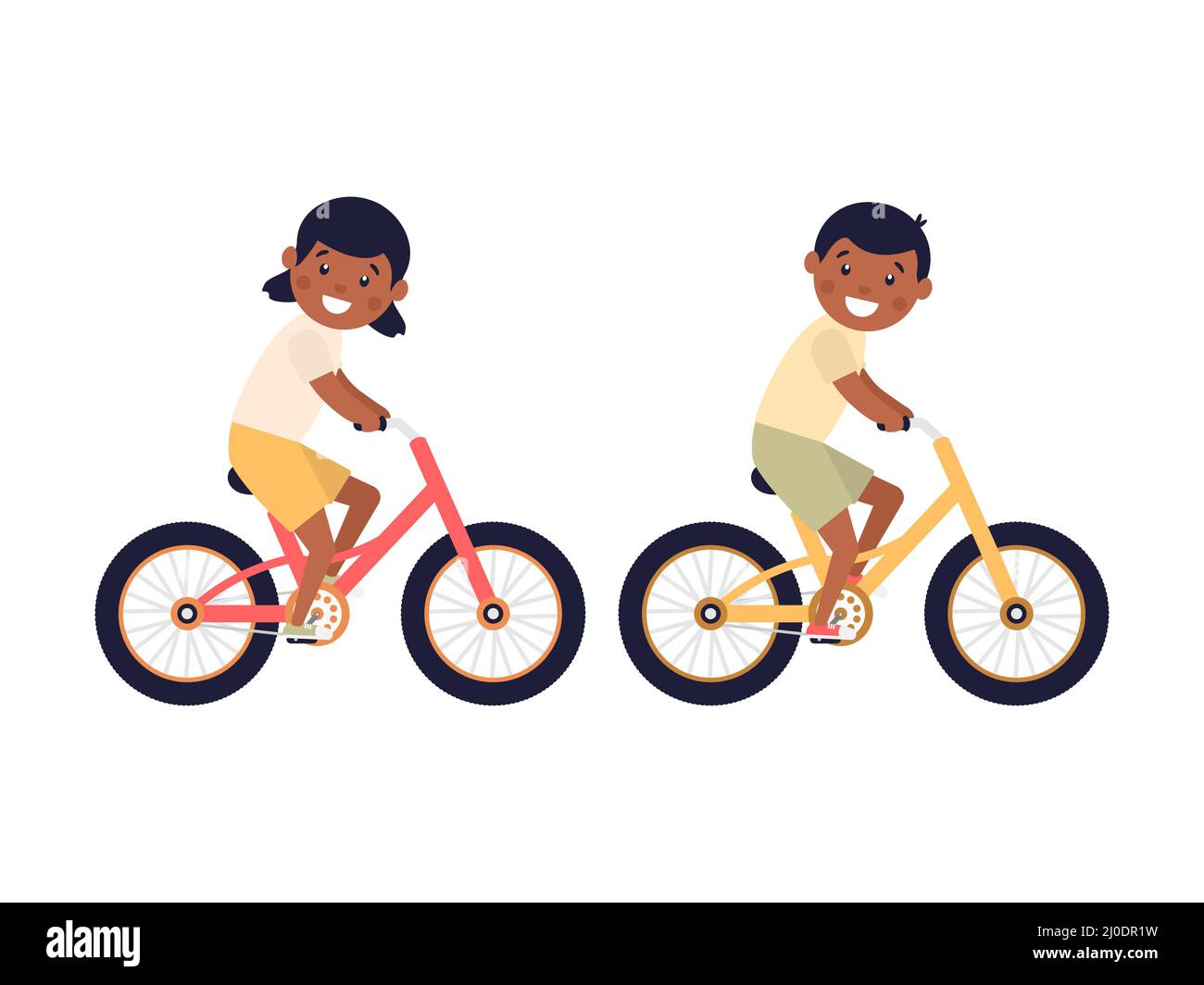 Nette glückliche amerikanische Kinder, die Fahrräder reiten. Afrikanisches Mädchen und Junge fahren Fahrräder. Gesunder Lebensstil. Stock Vektor