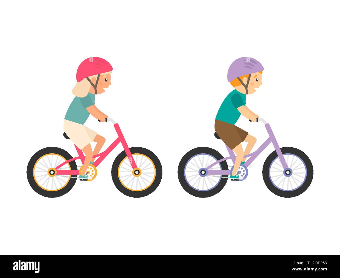 Nette glückliche Kinder, die Fahrräder reiten. Mädchen und Jungen fahren Fahrräder. Gesunder Lebensstil. Stock Vektor