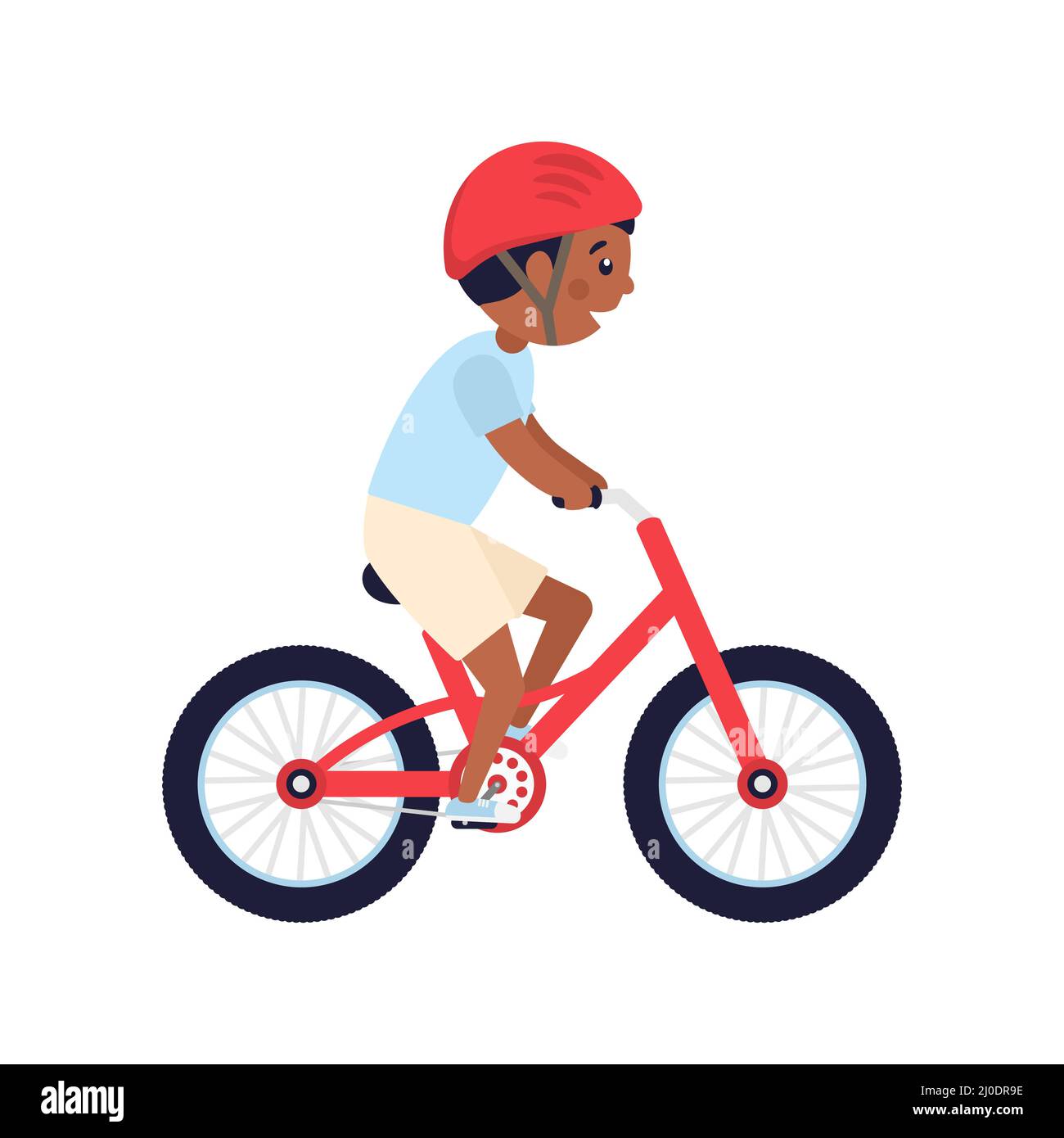 Netter glücklicher amerikanischer Junge mit rotem Helm Fahrrad fahren. Afrikanisches Kind fährt rotes modernes Fahrrad. Stock Vektor