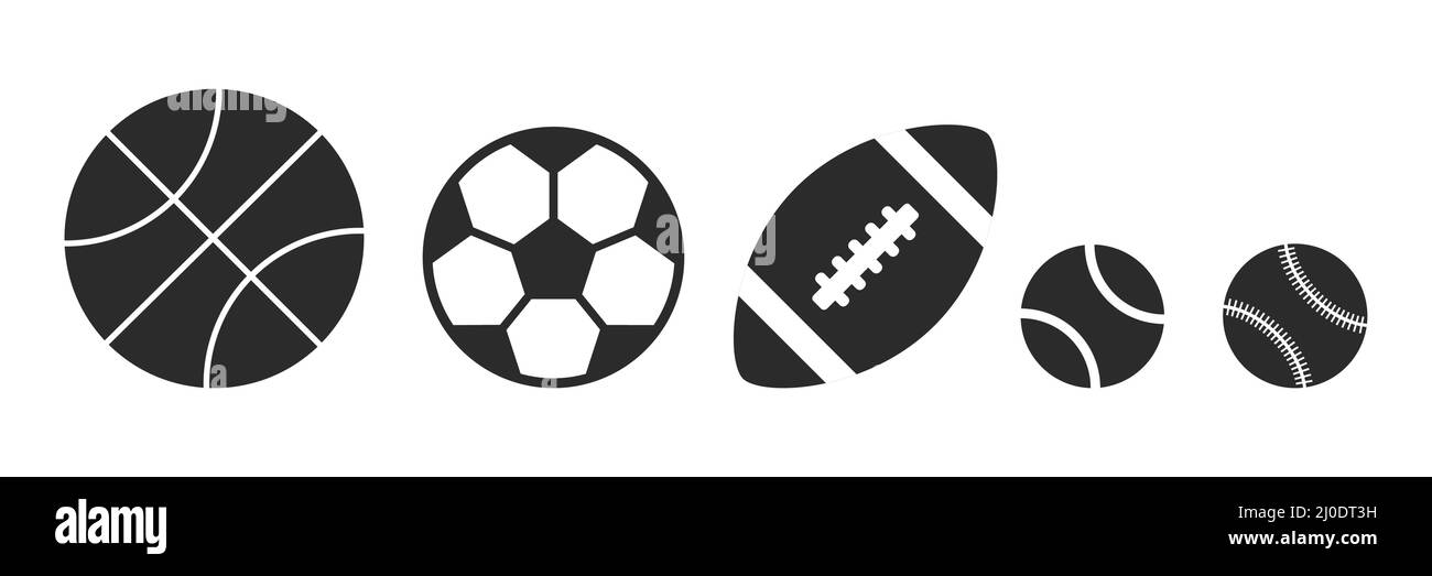 Satz von Kugeln schwarzen Symbolen. Schwarze Kollektion für Basketball, Fußball, Rugby, Tennis und Baseballbälle. Stock Vektor