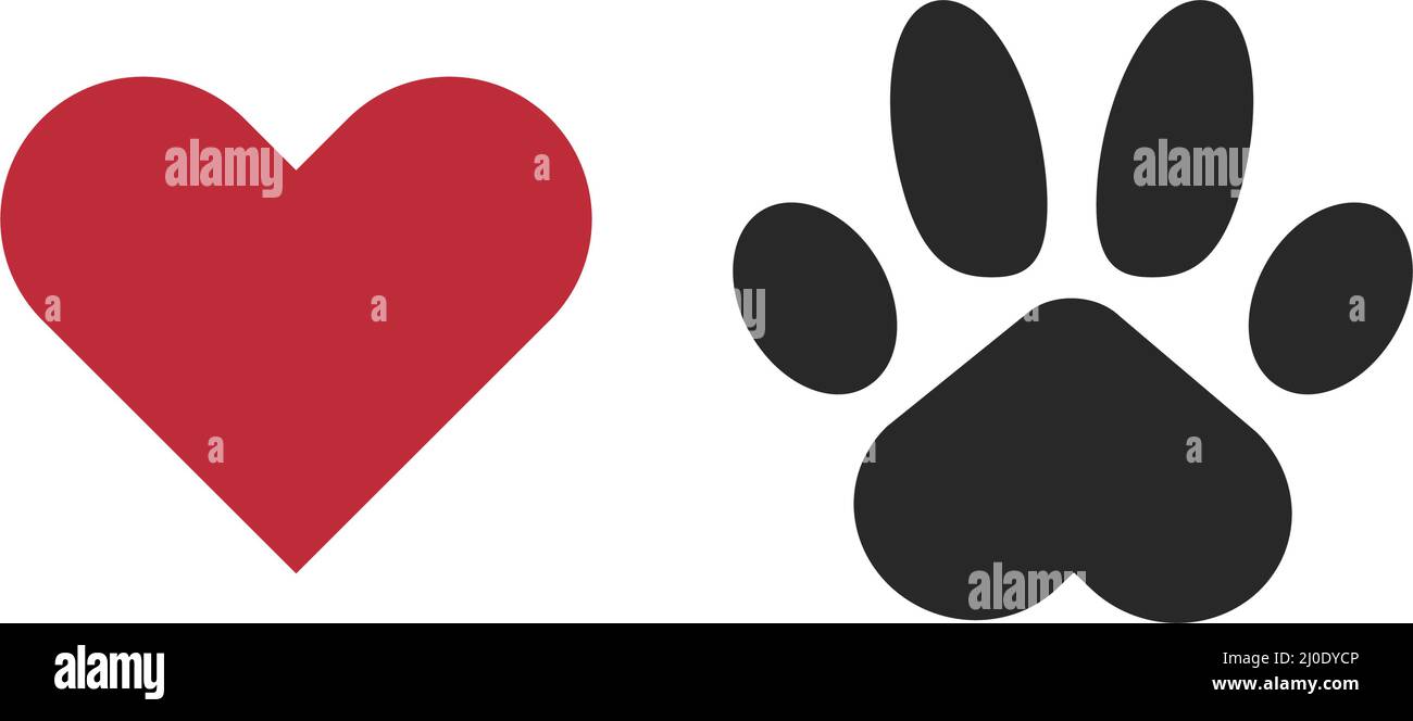 Herzmarkierung und Pfotensymbol eingestellt. Zuneigung und Fußabdrücke. Tierliebhaber. Bearbeitbarer Vektor. Stock Vektor