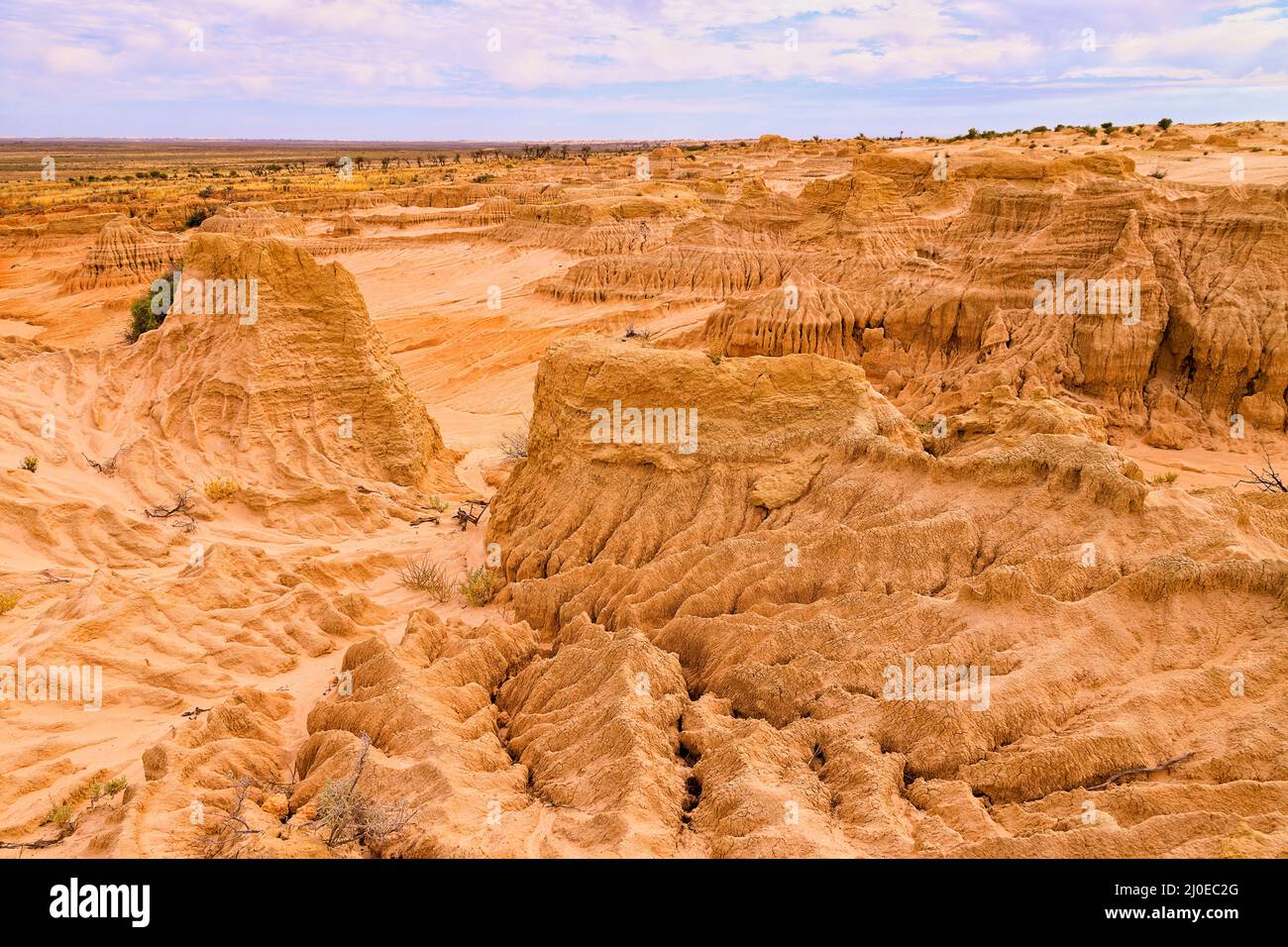 Erodierte trockene, trockene Wasserstraßen in einem trockenen Bach mit Mauern aus china, die sich im Lake Mungo National Park im australischen Outback befinden. Stockfoto