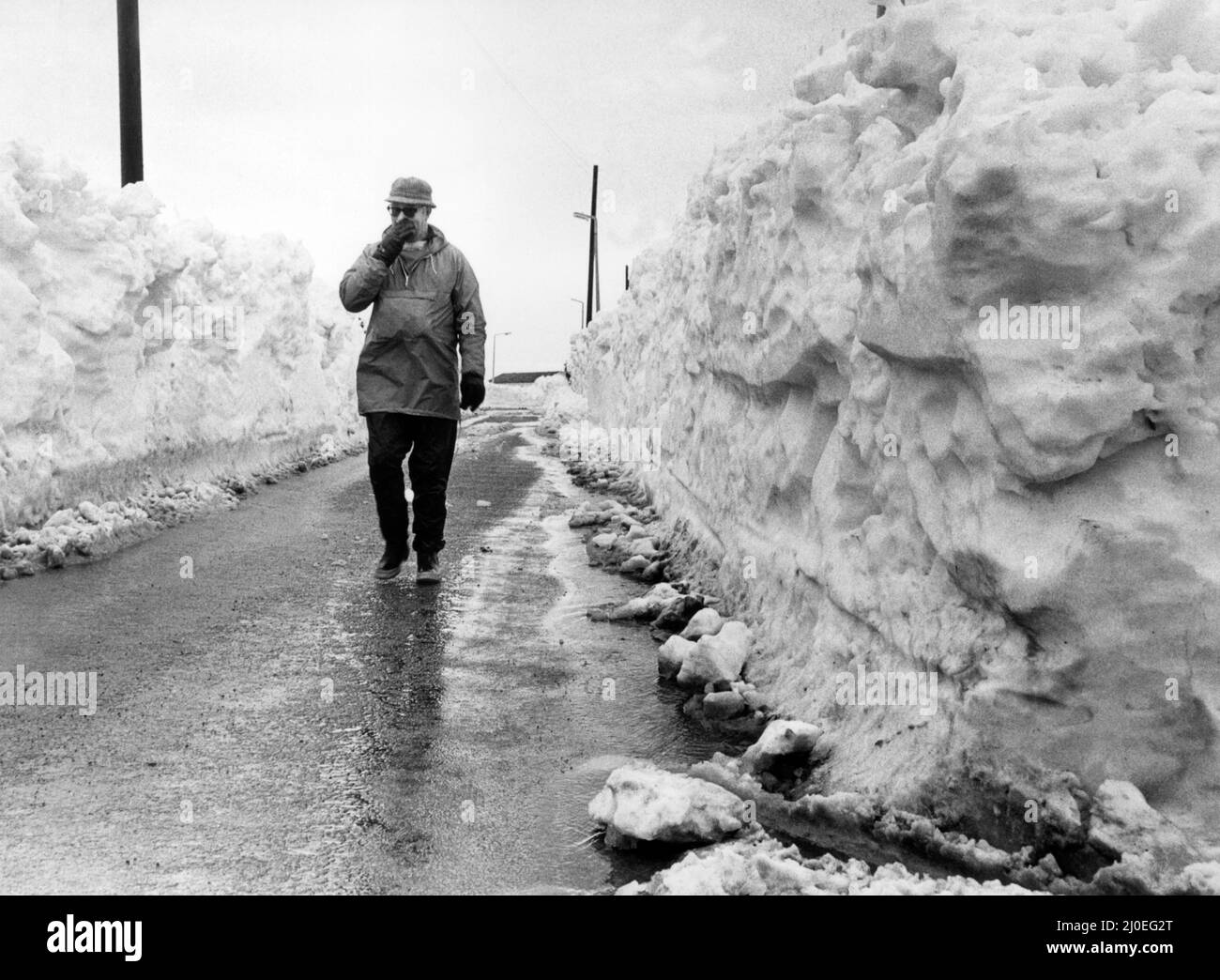 Wale mit festem Schnee, größer als der durchschnittliche Mann, der von Llanmaes aus nach Llantwit Major führte, kurz nachdem das Dorf für den Verkehr geöffnet wurde, Vale of Glamorgan, Wales, 22.. Februar 1978. Stockfoto