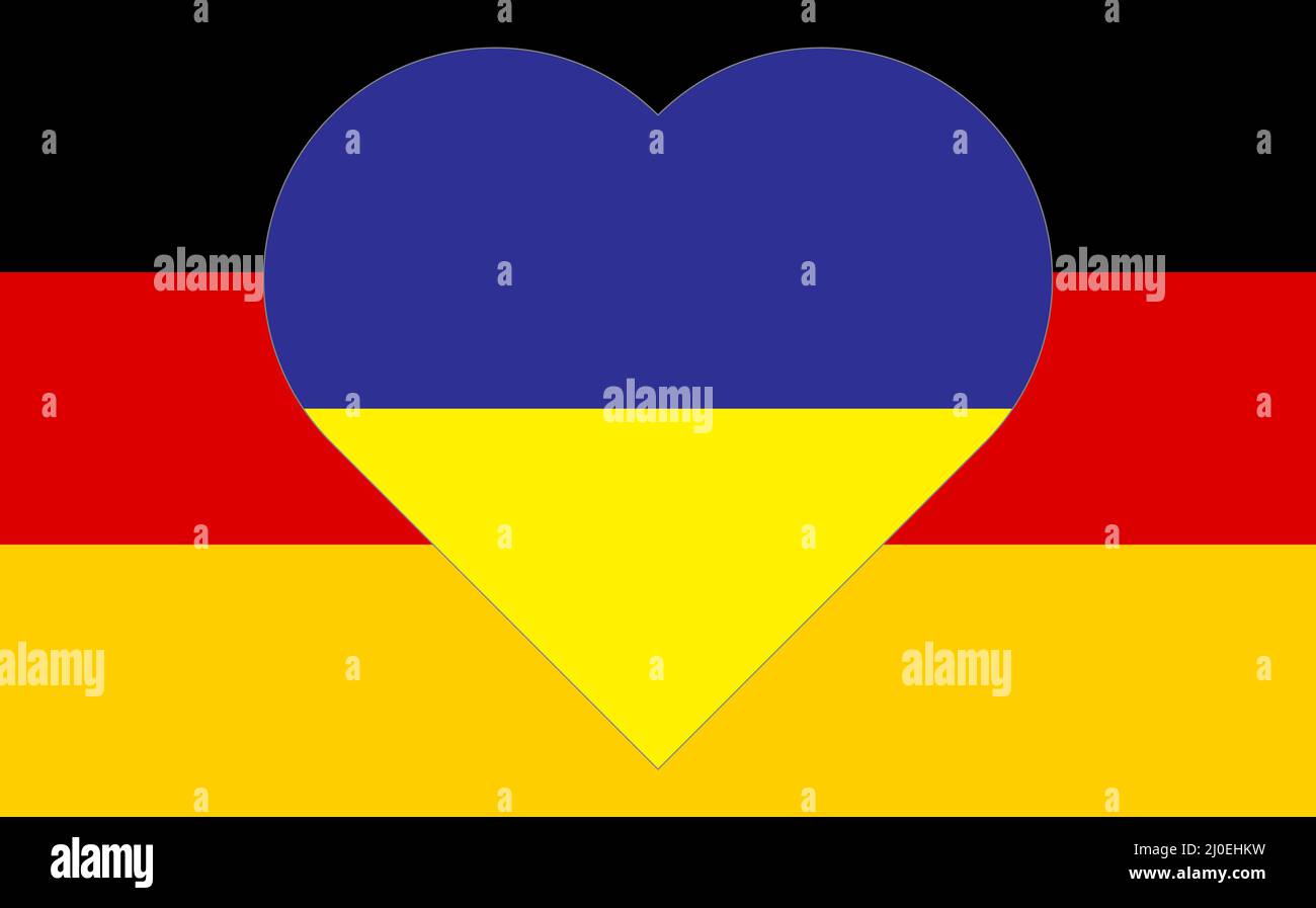 Ein Herz, das in den Farben der Flagge der Ukraine auf der Flagge Deutschlands gemalt ist. Darstellung eines blauen und gelben Herzens auf dem nationalen Symbol. Stock Vektor