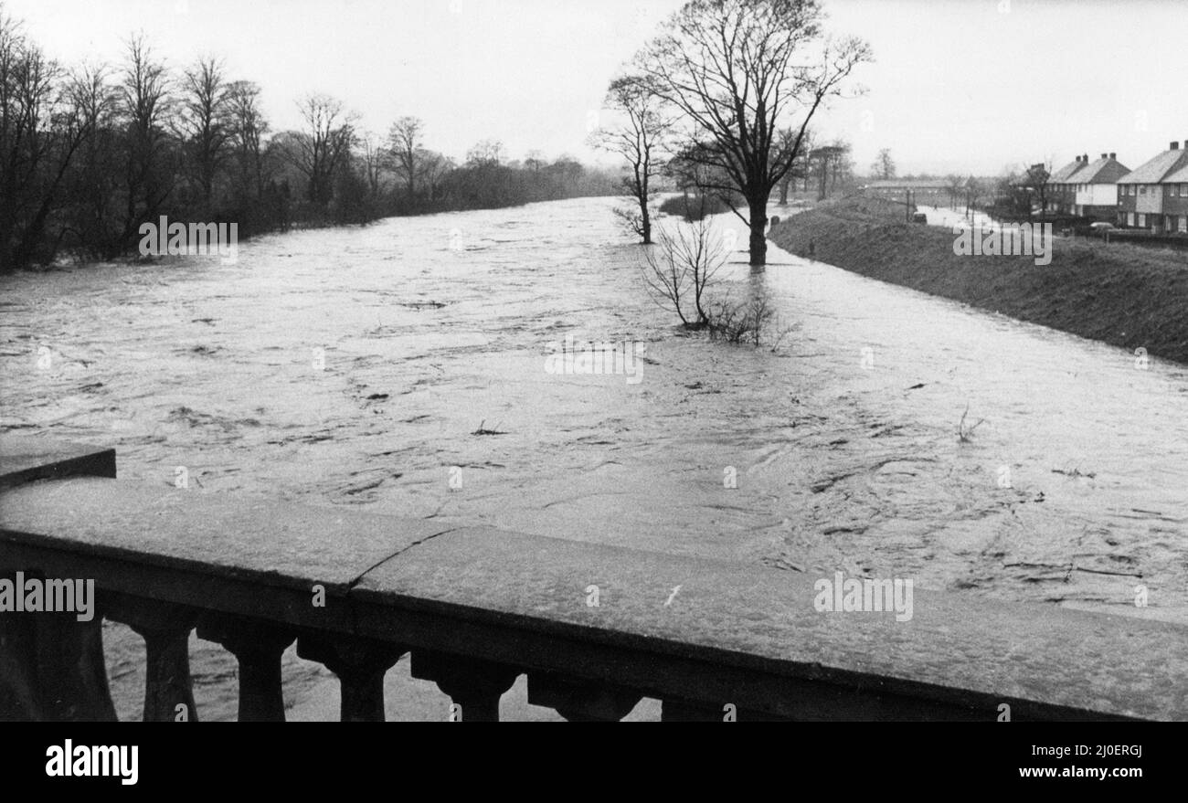 Cardiff überflutet 1979, unser Bild zeigt ... nur das Bankhaus in der Nähe von Häusern von Gabalfa steht gegen den aufsteigenden Fluss Taff, Cardiff, Donnerstag, 27.. Dezember 1979. Stockfoto