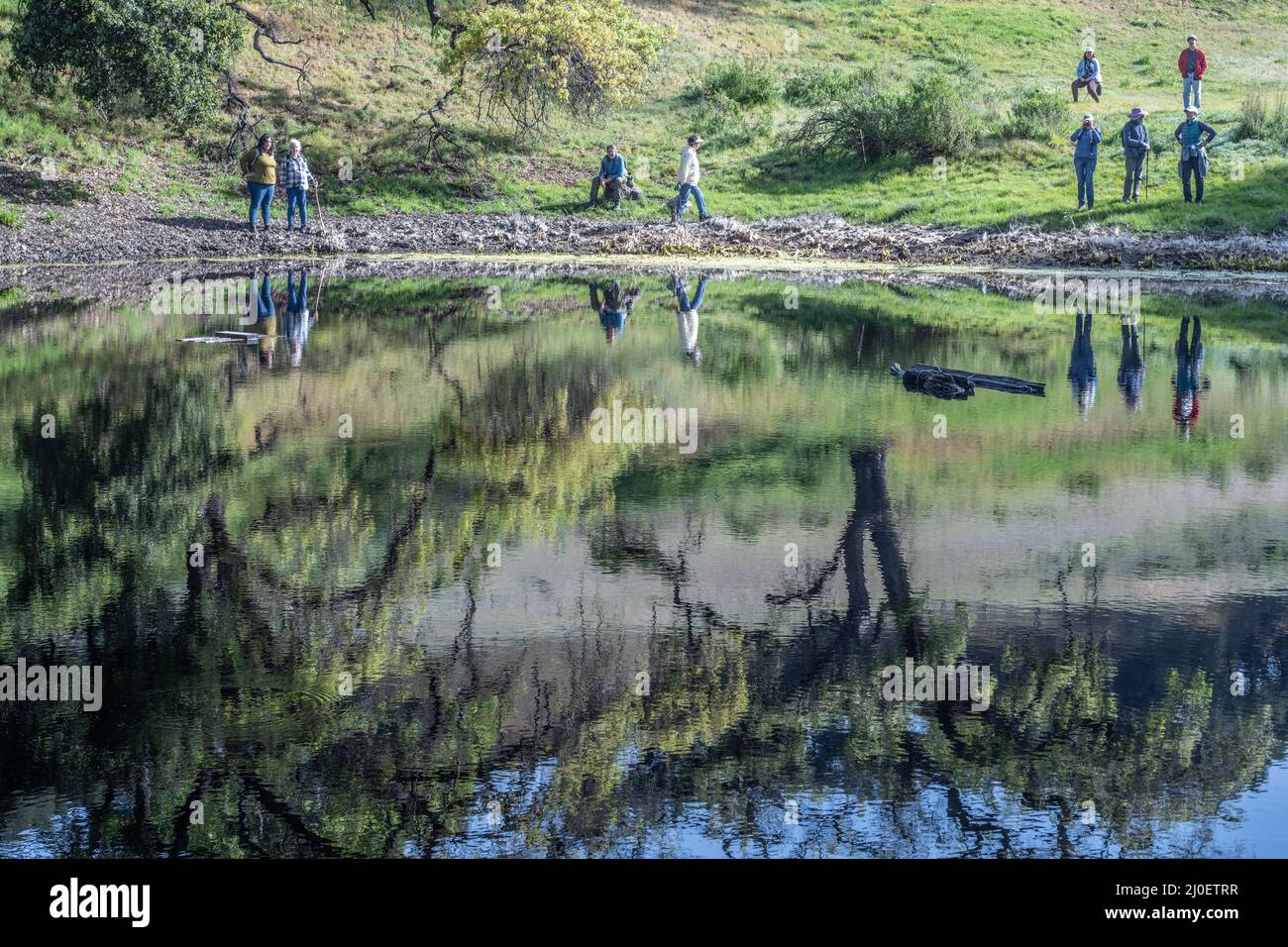 Eine Gruppe von Wanderern, die die Natur genießen und die schönen Reflexionen im Wasser in der Landschaft Nordkaliforniens betrachten. Stockfoto