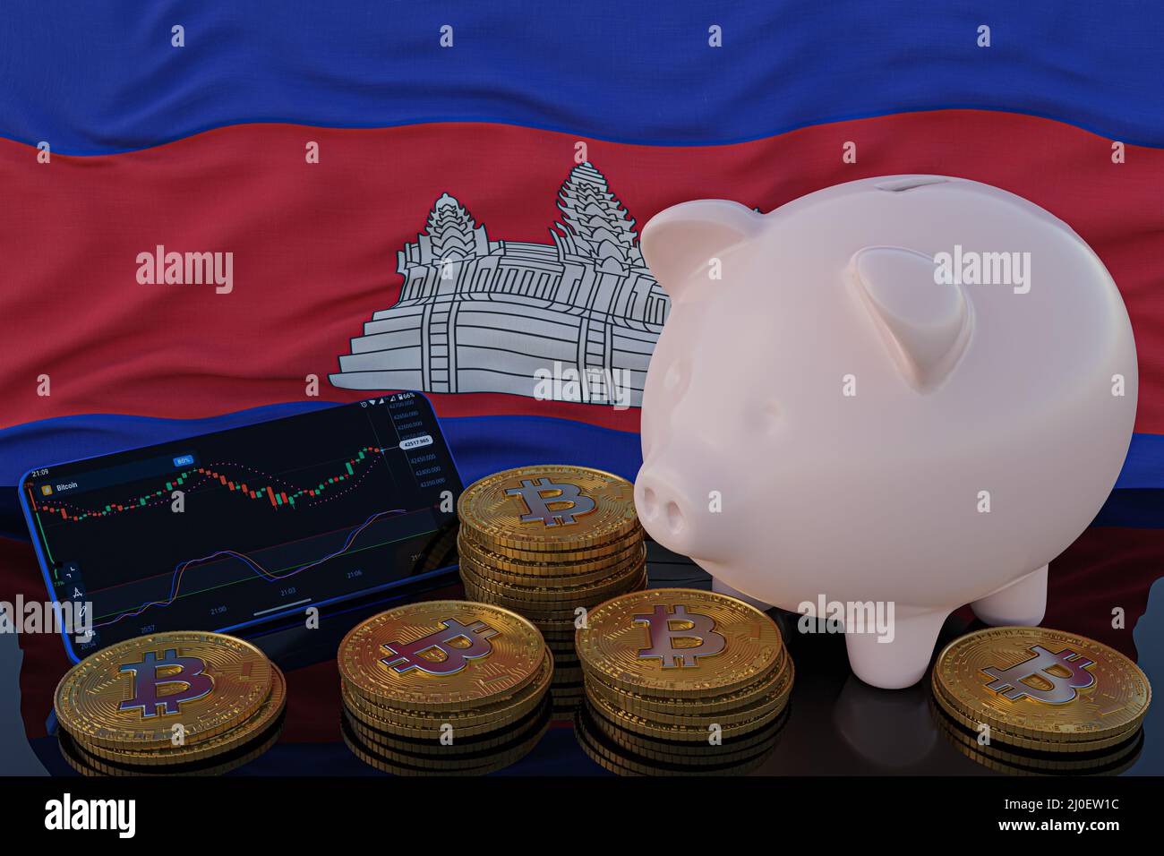 Bitcoin- und Kryptowährungsanlage. Kambodscha Flagge im Hintergrund. Sparschwein, das Sparkonzept. Mobile Anwendung für den Handel mit Aktien. 3D Rend Stockfoto